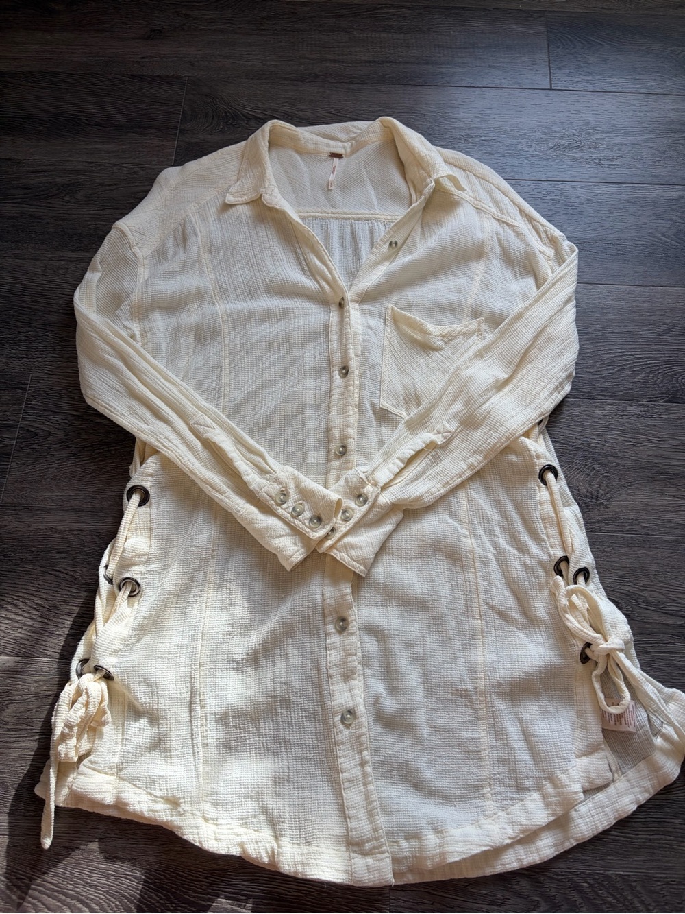 Free People Cream Button-Front Tunic with Side Grommet Ties